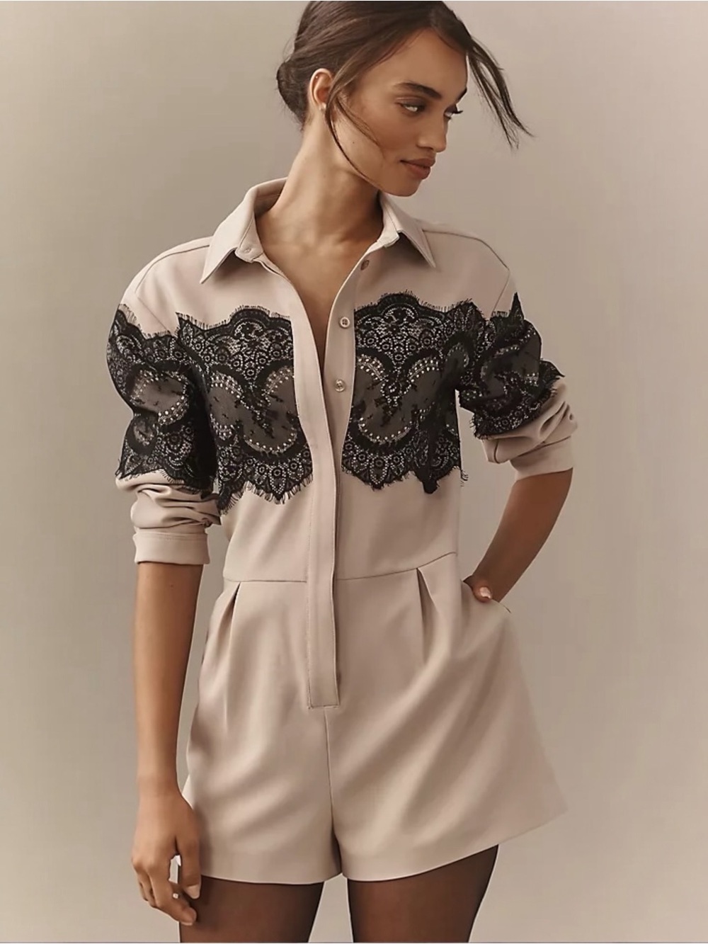 Anthropologie Women’s Lace Button-down Long-Sleeve Collared Shorts Romper NEW